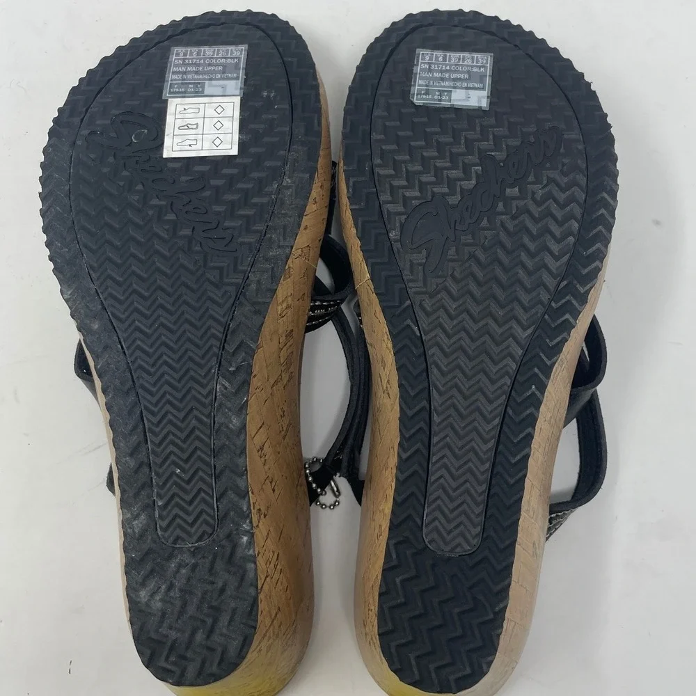 Skechers Cali Womens 9 Black Luxe Foam Wedge Sandals 31714 Strappy‎ Cork Heel